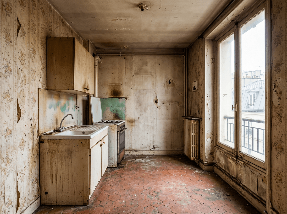 Avant : Studio dégradé avec papier peint décollé avant travaux