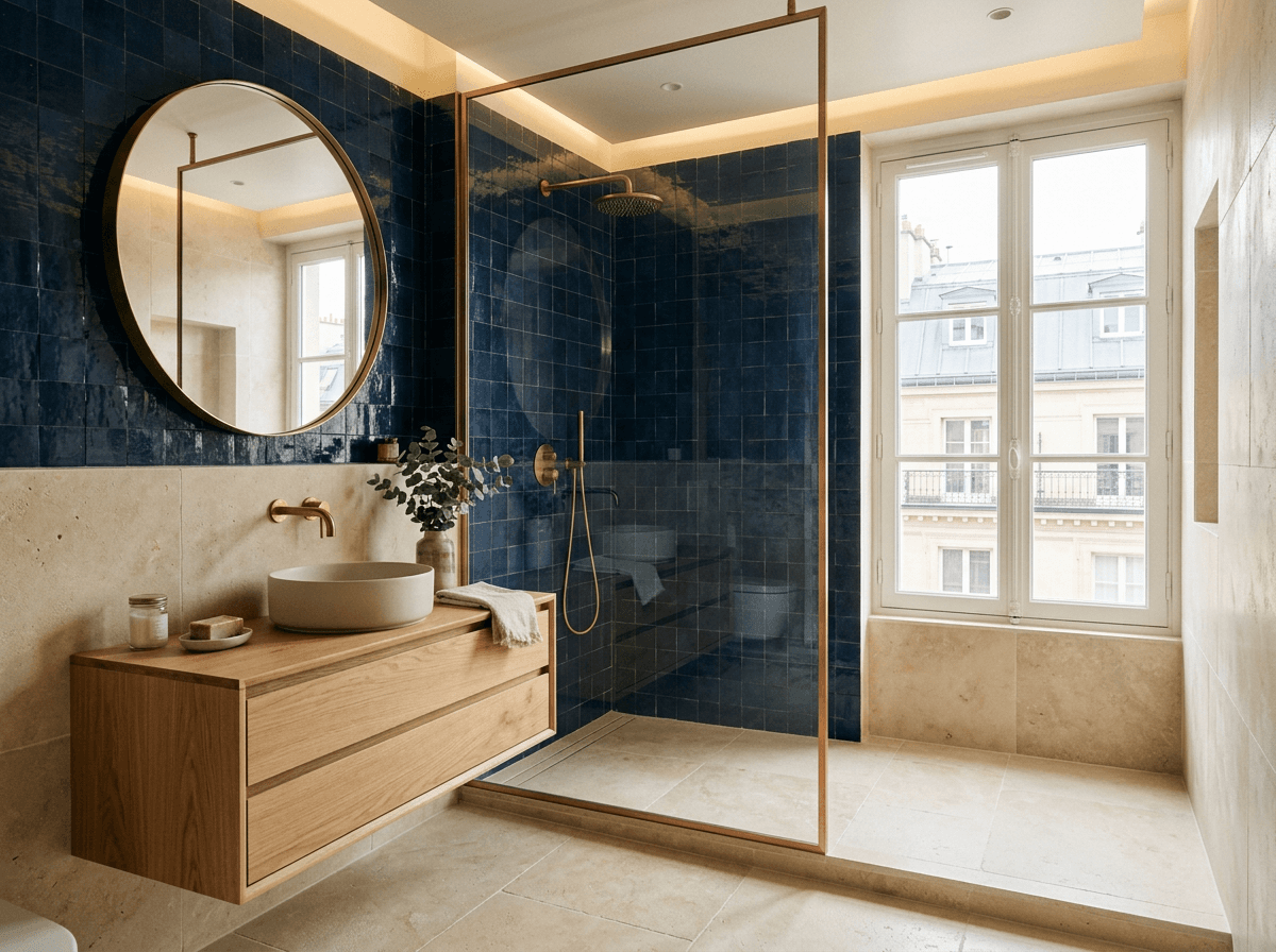 Après : Salle de bains rénovée avec douche à l'italienne et finitions cuivrées